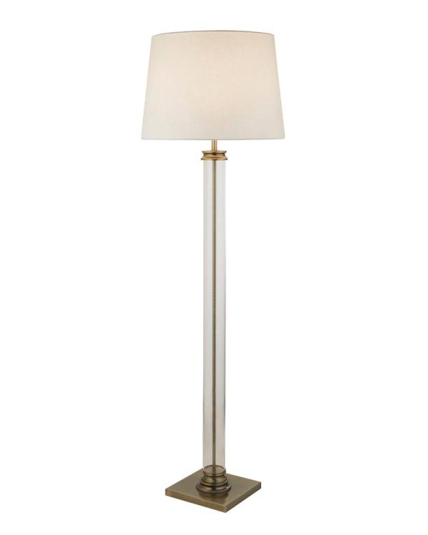 Pedestal 1 light glass column floor lamp with white shade in antique brass main image