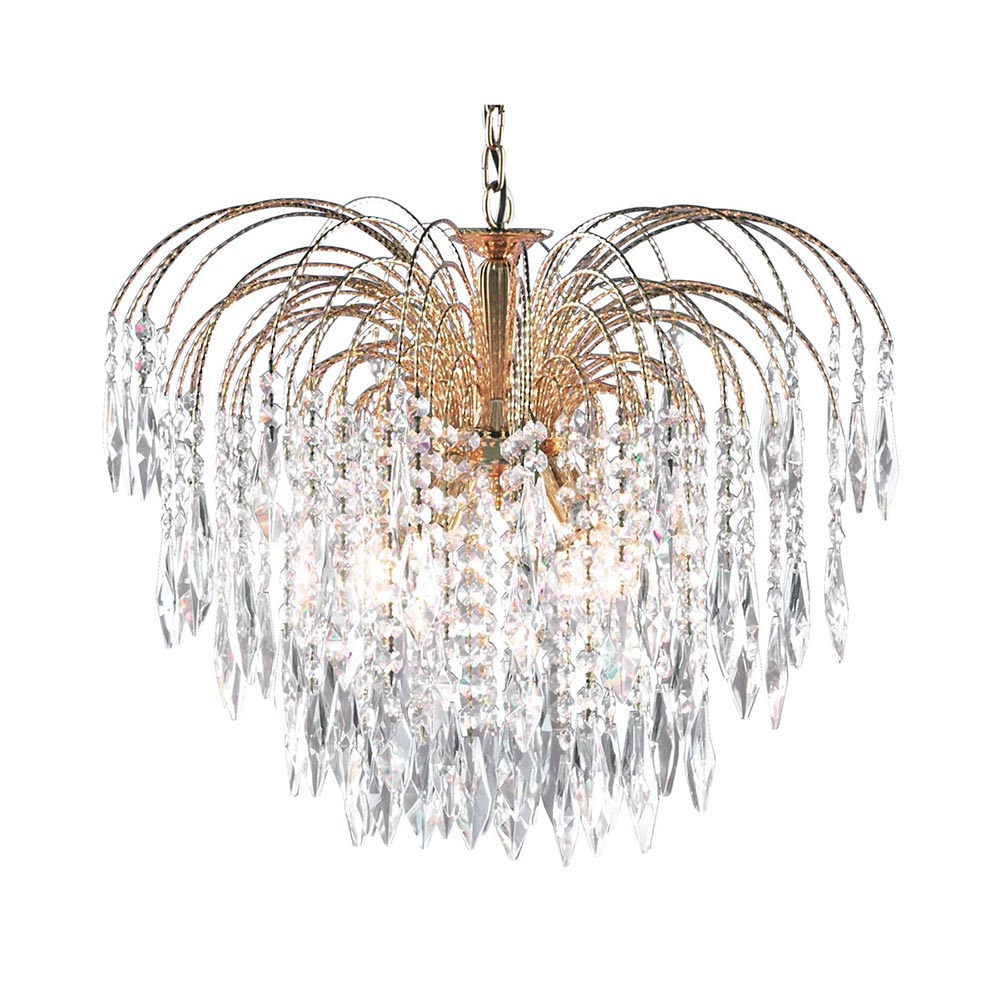 Waterfall Crystal Large 5 Lamp Pendant Ceiling Light Polished Gold
