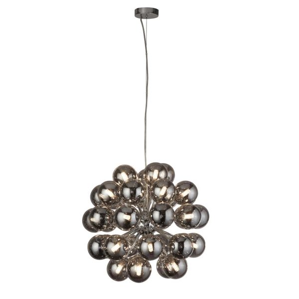 Berry 27 light cluster pendant in chrome with smoked glass globes full height
