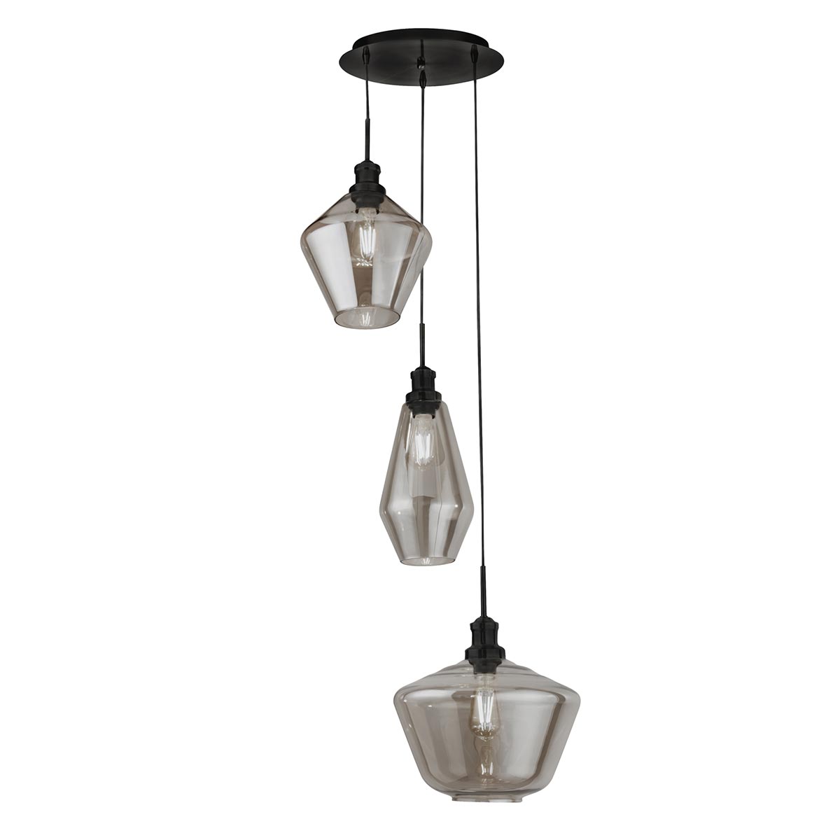 Mia 3 Lamp Multi Drop Smoked Glass Pendant Ceiling Light Matt Black