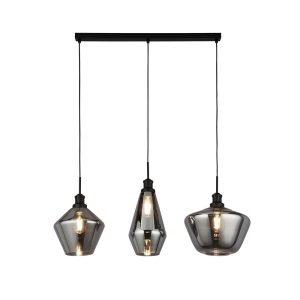 Mia 3 lamp smoked glass linear bar pendant ceiling light in matt black main image