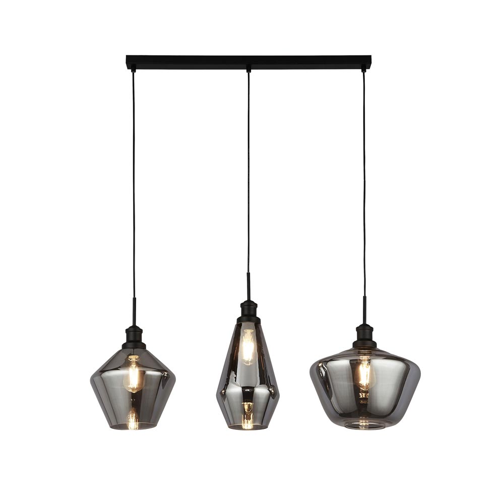 Mia 3 Lamp Smoked Glass Linear Bar Pendant Ceiling Light Matt Black