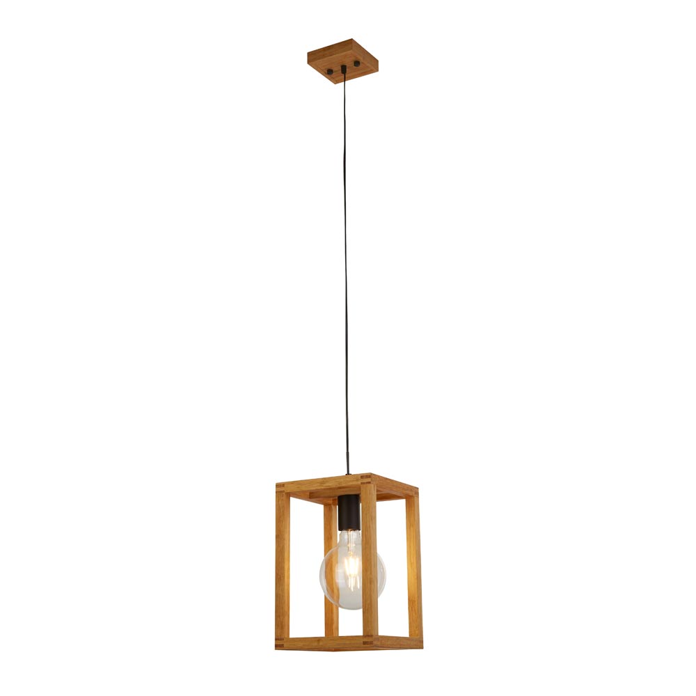 Square Single Lamp Bare Bulb Pendant Ceiling Light Bamboo Wood