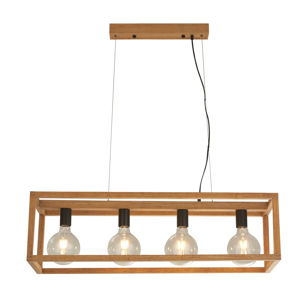 Square 4 Light Bare Bulb Open Trough Ceiling Pendant Bamboo Wood