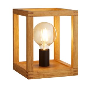 Square 1 light bare bulb cube table lamp in bamboo wood main image