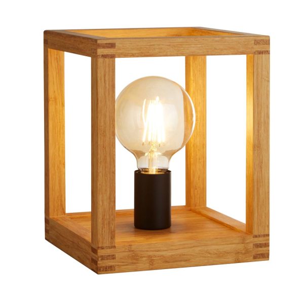 Square Single 1 Light Bare Bulb Cube Table Lamp Natural Bamboo Wood