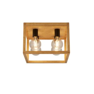 Square 4 light bare bulb open frame flush ceiling light in bamboo wood main image