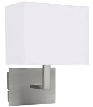 Hotel switched wall light in satin silver finish with white fabric shade
