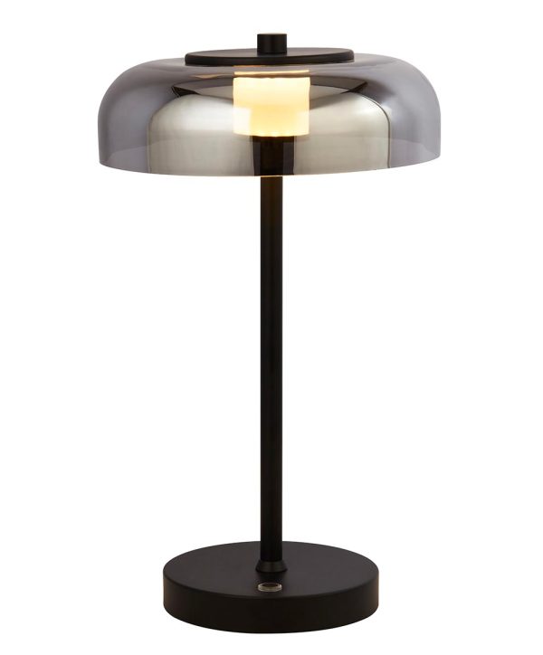 Modern 1 light dimming LED table lamp matt black smoked glass frisbee shade
