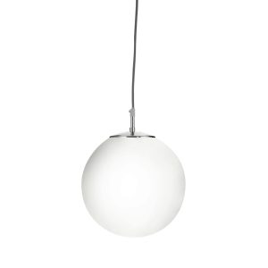 Atom satin silver 1 light pendant with 25cm opal white glass globe