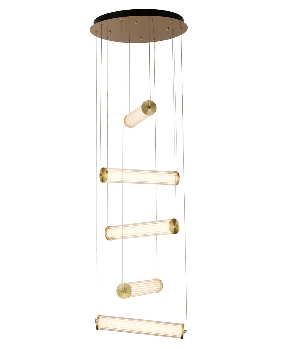 Clamp Stairwell 5 Lamp LED Ceiling Pendant Satin Gold Glass Shades