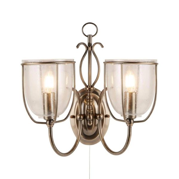 Silhouette switched 2 arm traditional twin wall light in antique brass