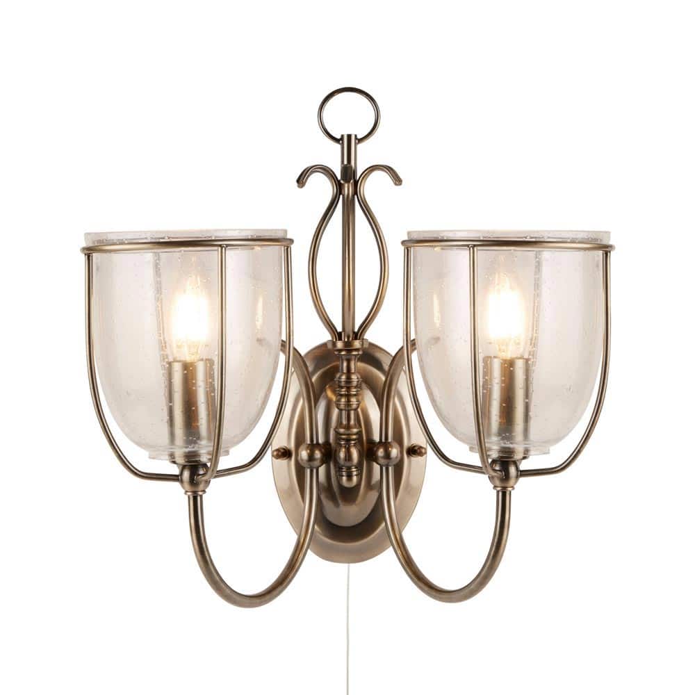 Silhouette Switched 2 Arm Twin Wall Light Antique Brass Glass Shades