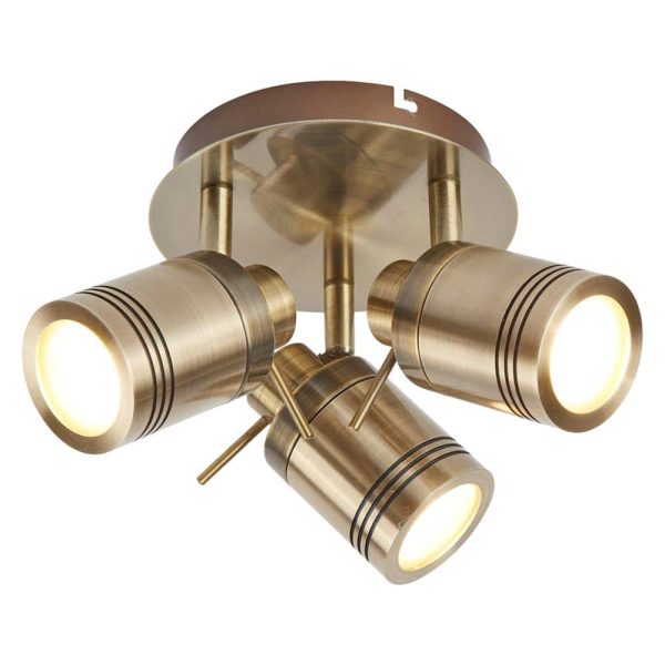 Samson 3 Light Bathroom Ceiling Spotlight Plate Antique Brass LED Bulbs
