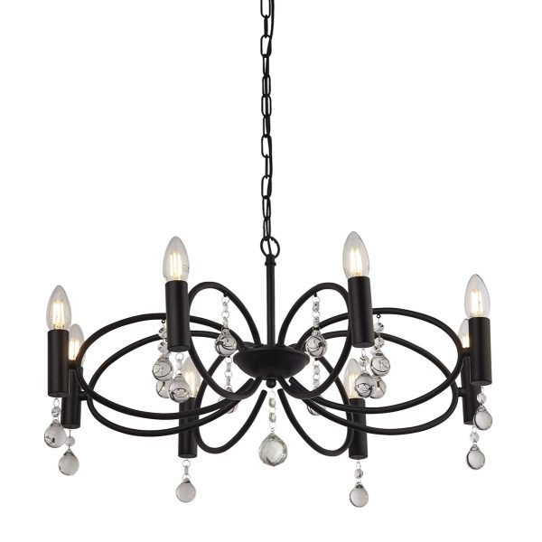 Infinity modern 8 light matt black chandelier with crystal glass closeup