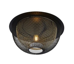 Honeycomb mesh cage flush low ceiling light matt black & gold