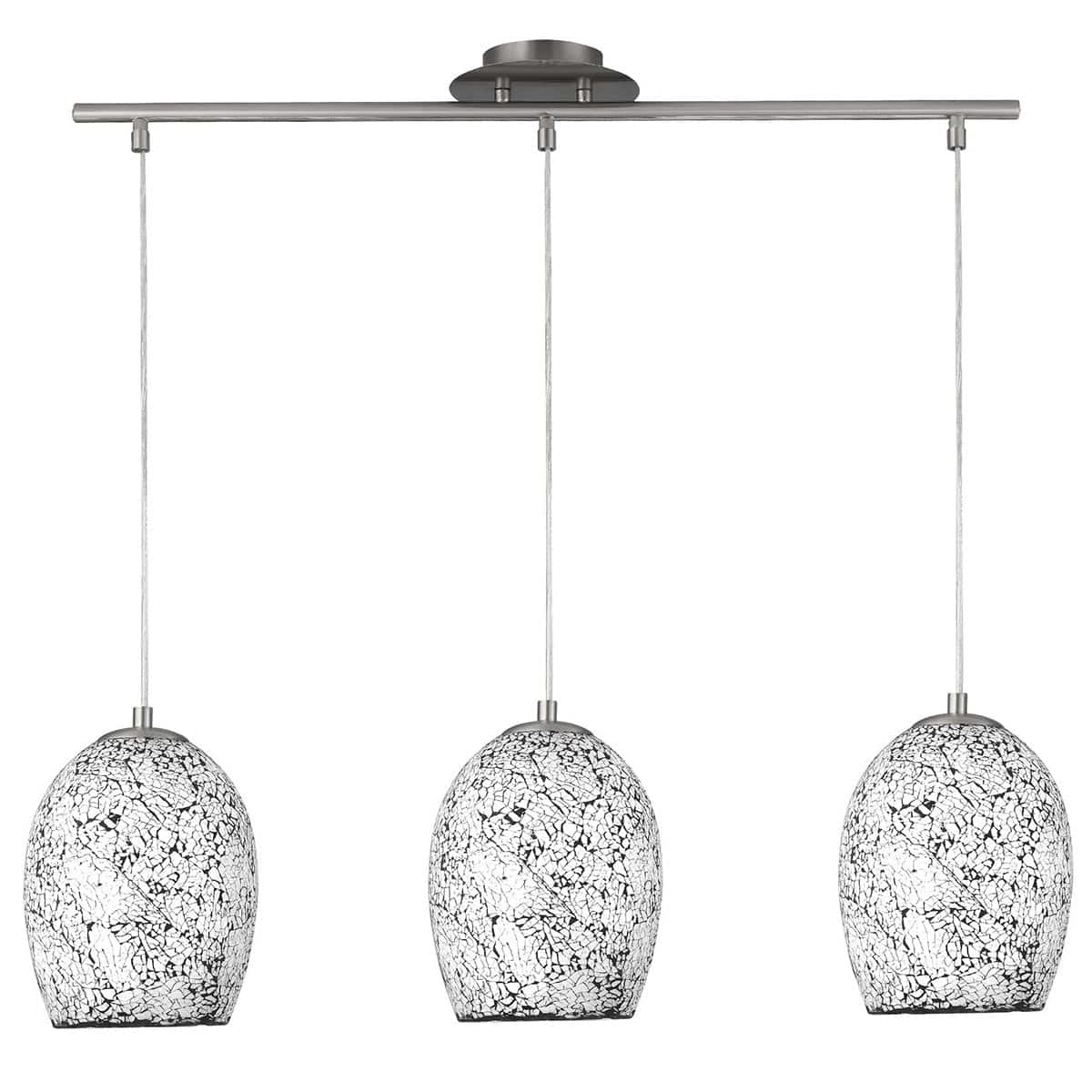 Mosaic White Crackle Glass 3 Light Ceiling Pendant Bar Satin Silver