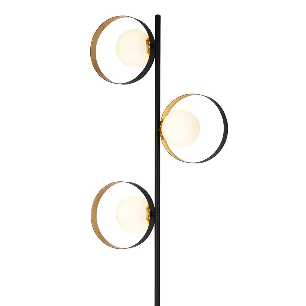 Retro Matt Black & Gold 3 Light Orbital Floor Lamp Opal White Globes