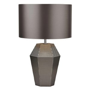 Lucy hexagonal smoked glass table lamp with grey drum shade lit