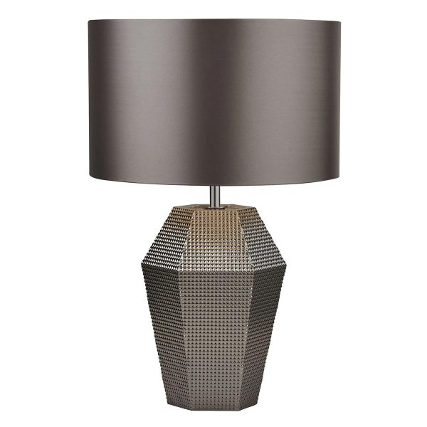 Lucy hexagonal smoked glass table lamp with grey drum shade lit