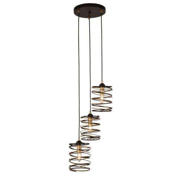 Spring matt black 3 light multi drop ceiling pendant with copper detail