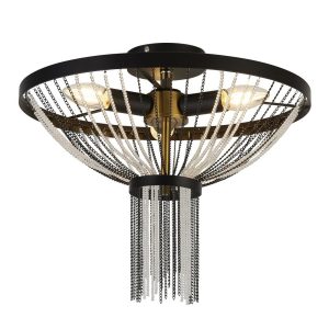 Baguette 3 lamp semi flush ceiling light in matt black & satin brass main image