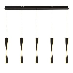 8675-5BK contemporary twisted paddle 5 light LED ceiling pendant in matt black lit