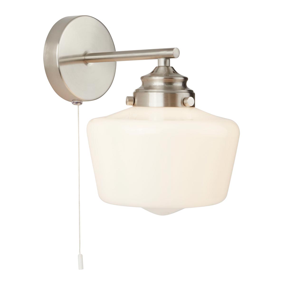 School House 1 Light Switched Wall Light Satin Silver Opal Glass