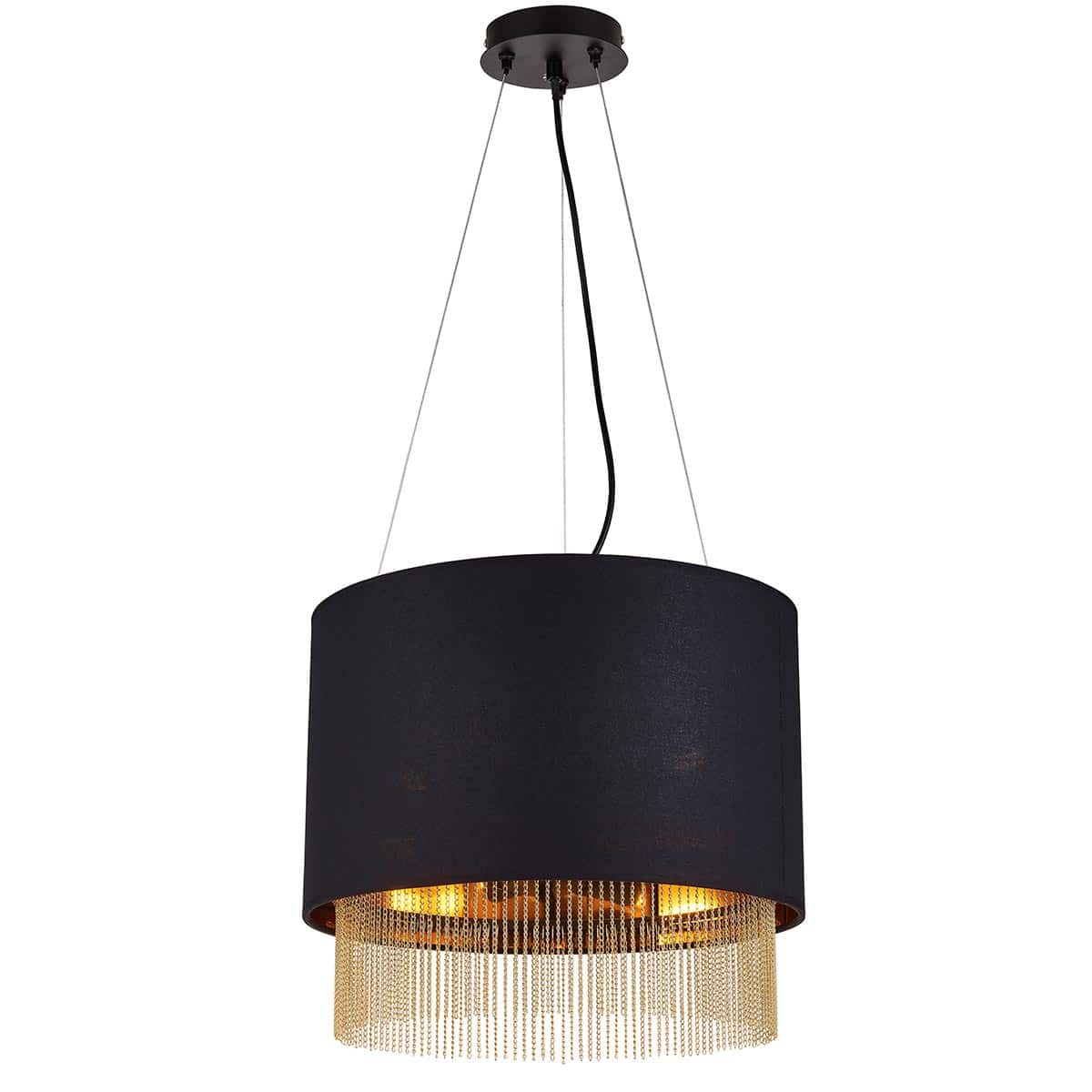 Fringe 3 Lamp Pendant Ceiling Light Matt Black Gold Lined Drum Shade