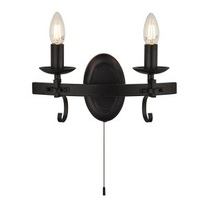 8902-2BK Gothic switched twin scrolled iron wall light in matt black