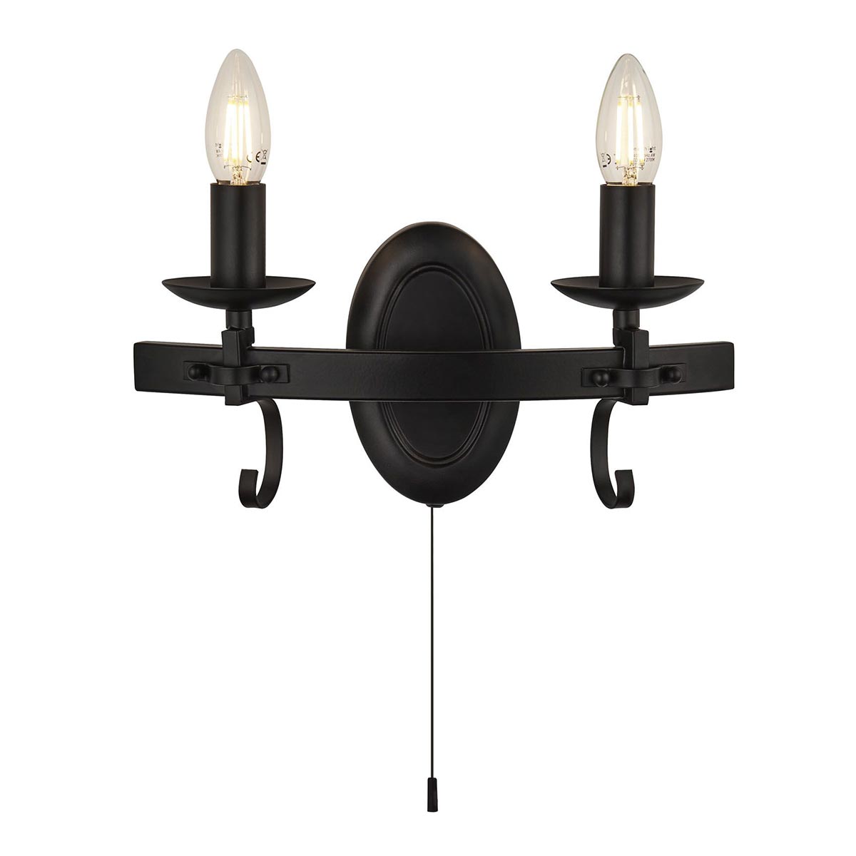 Gothic 2 Lamp Switched Twin Scrolled Iron Wall Light Matt Black