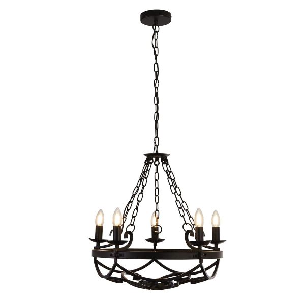 8905-5BK Gothic 5 light scrolled iron cartwheel chandelier in matt black