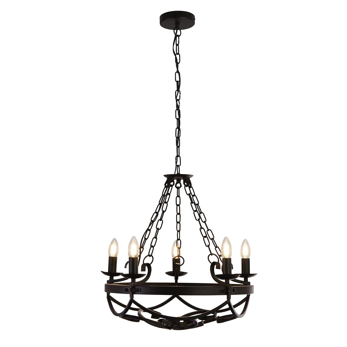 Gothic 5 Light Scrolled Iron Cartwheel Chandelier Matt Black