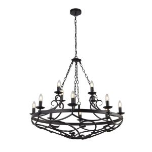8912-12BK Large Gothic 12 light scrolled iron cartwheel chandelier in matt black