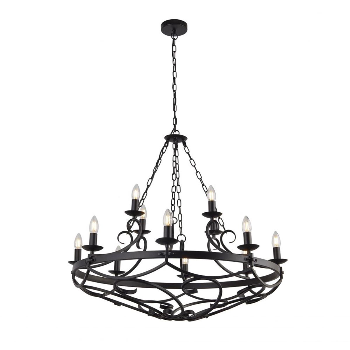 Large Gothic 12 Light Scrolled Iron Cartwheel Chandelier Matt Black