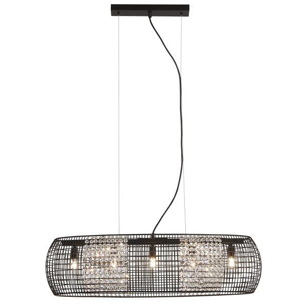 9095-5BK Cage 5 light oval matt black ceiling pendant with crystal glass