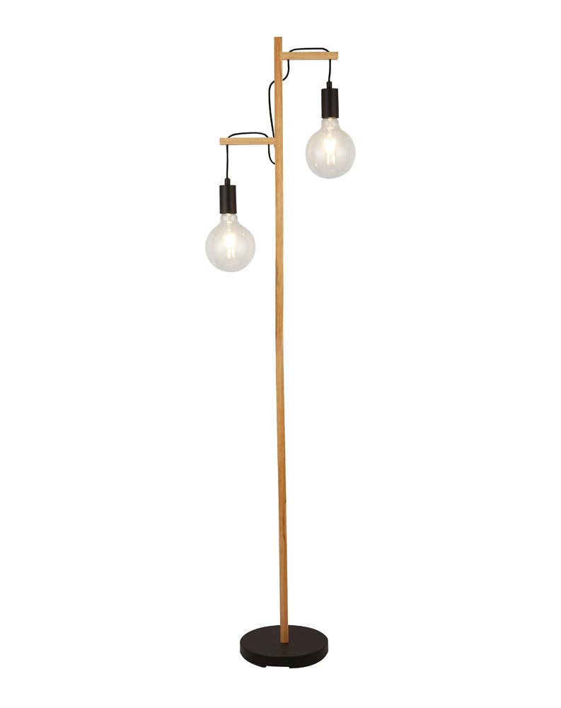 Woody Country Style 2 Light Ash Wood Floor Lamp Matt Black Detail