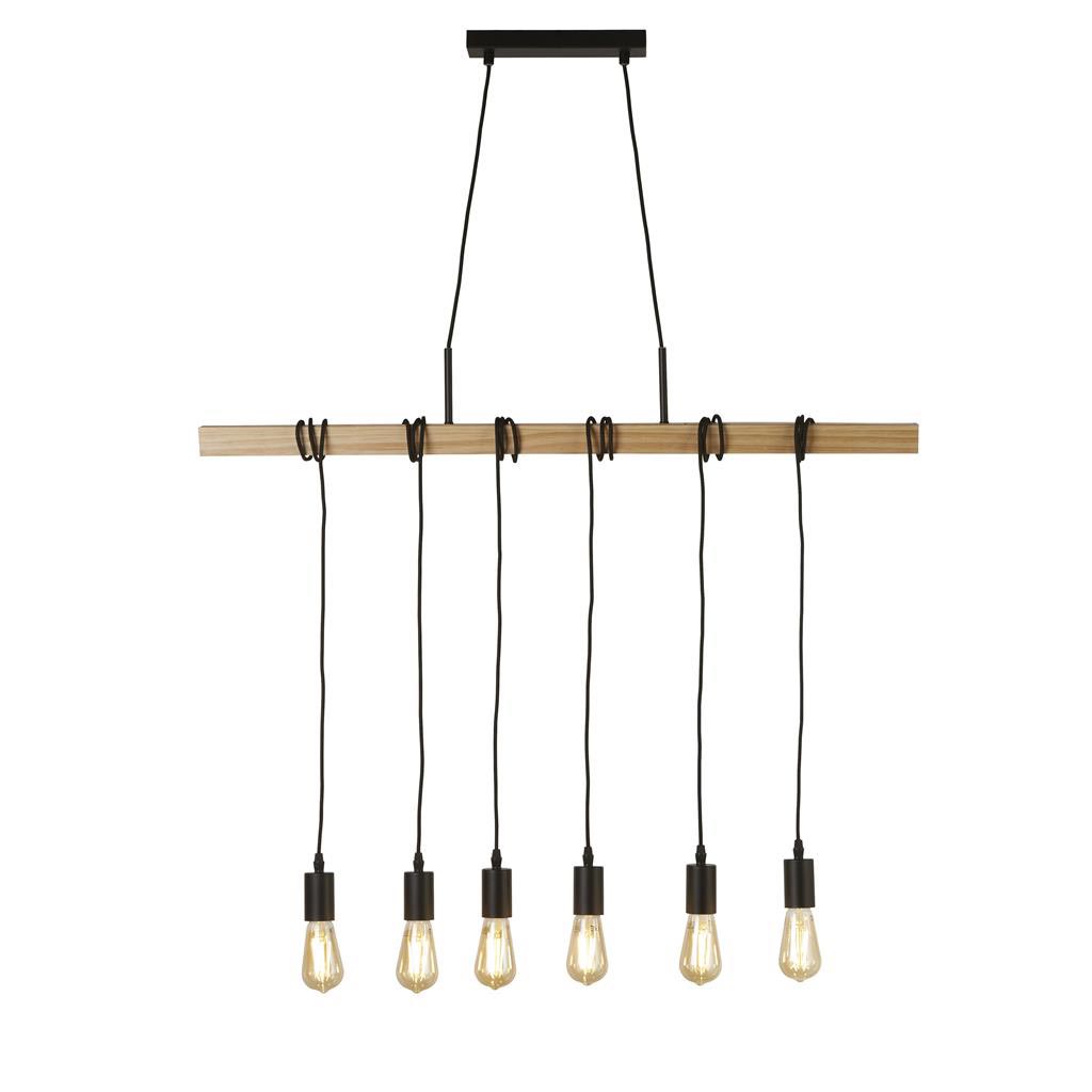 Woody Country Style 6 Light Ash Wood Pendant Bar Matt Black Detail