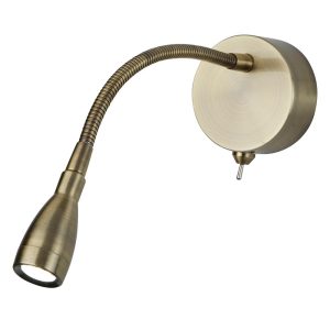 Flexy flexible switched LED bedside wall reading light in antique brass