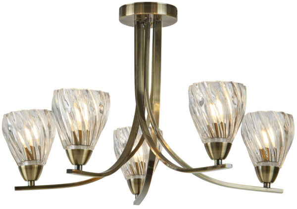Ascona II Antique Brass 5 Light Semi Flush Ceiling Light Twisted Glass