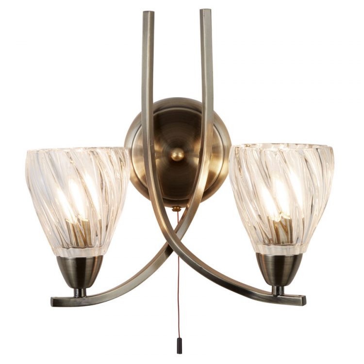Ascona II Antique Brass 2 Lamp Switched Wall Light Twisted Glass