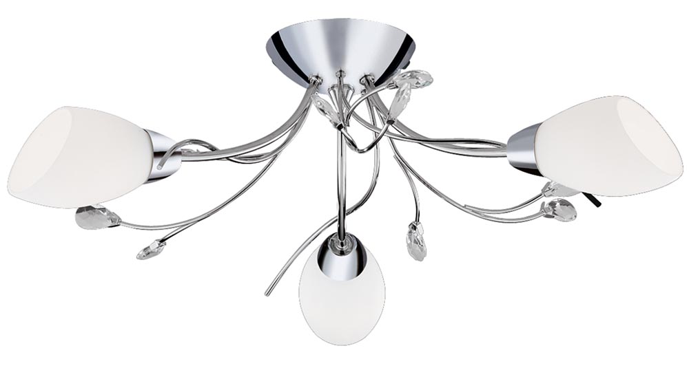 Gardenia Polished Chrome Semi Flush 3 Light Fitting Opal Shades Crystal