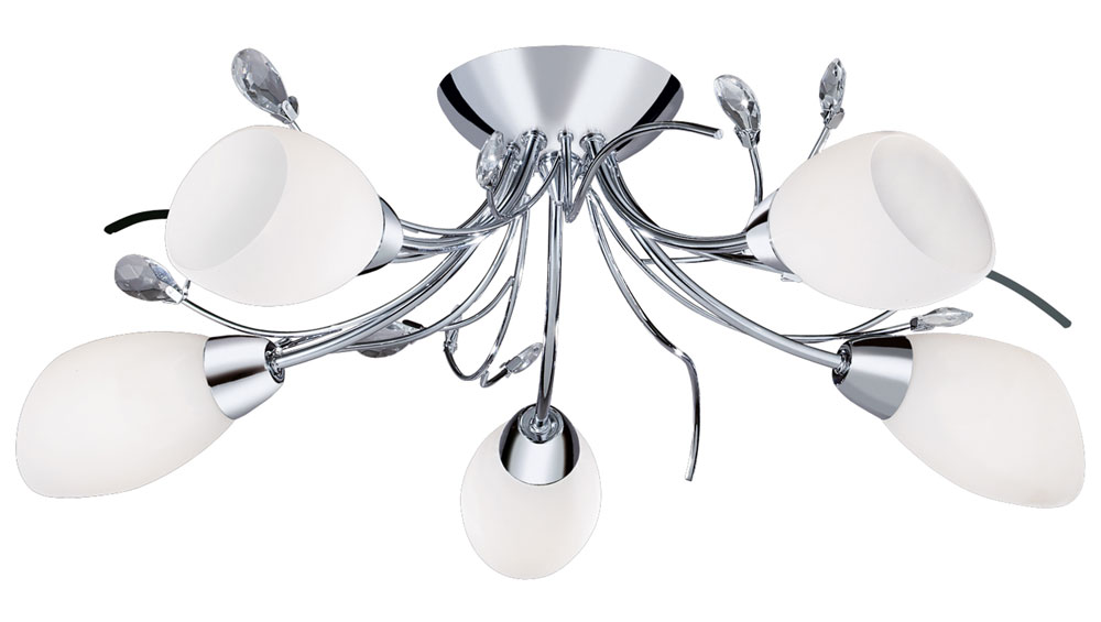 Gardenia Polished Chrome Semi Flush 5 Light Fitting Opal Shades Crystal