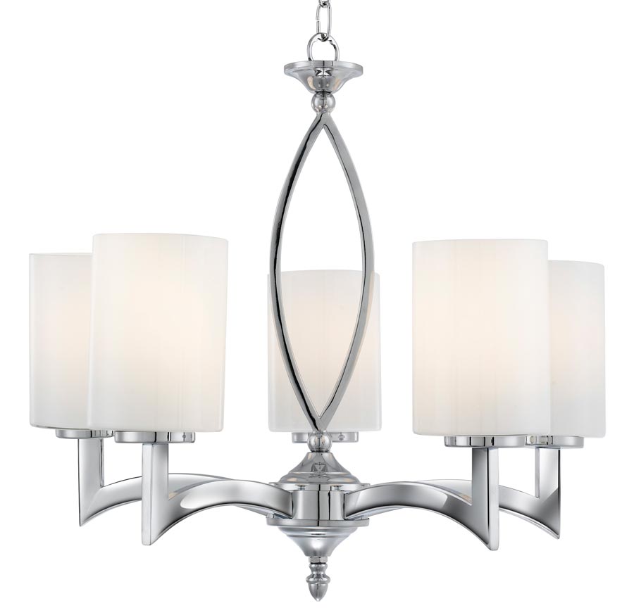 Gina 5 Light Chandelier Polished Chrome White Glass Shades