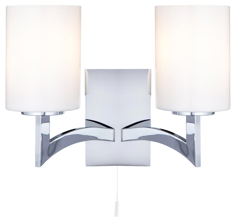 Gina Switched Twin Wall Light Polished Chrome White Glass Shades