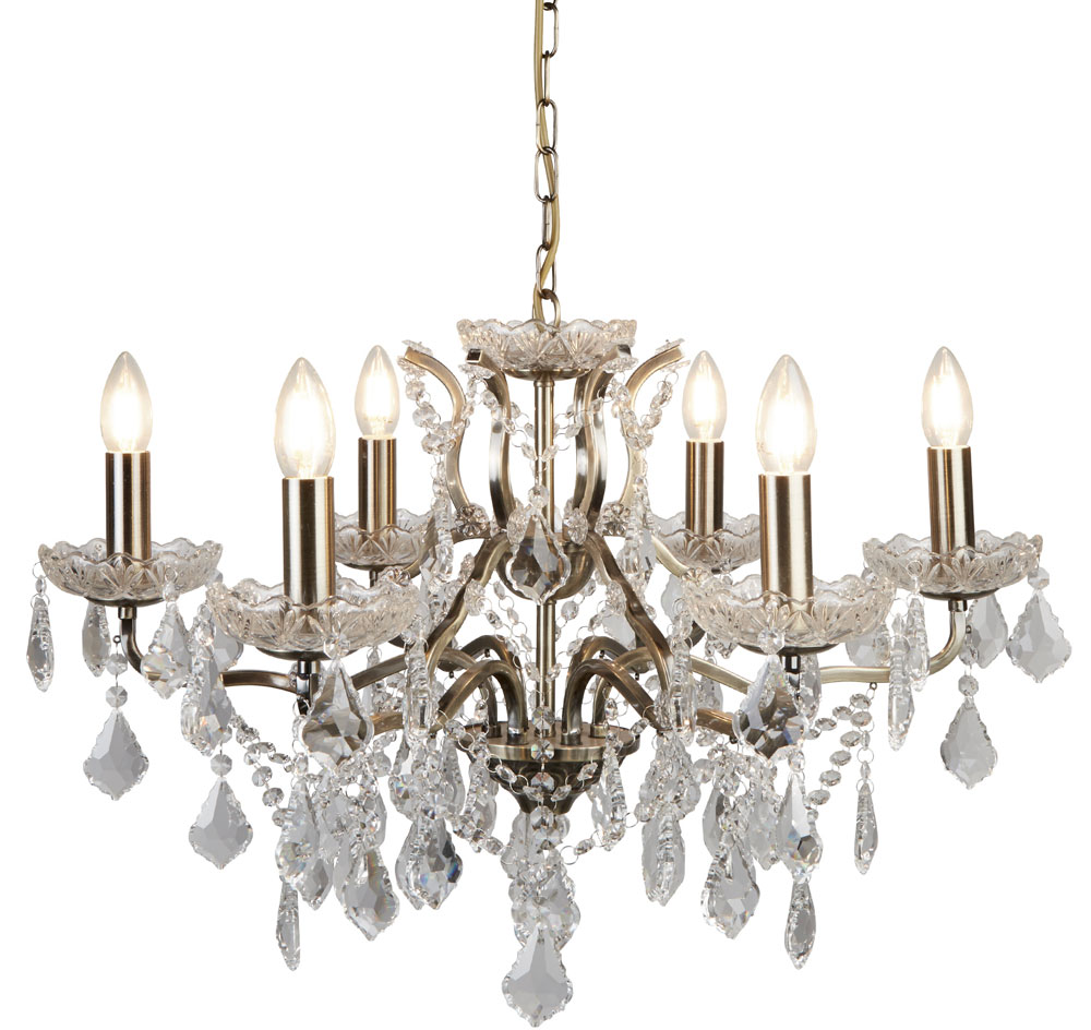Paris 6 Light Clear Crystal Glass Chandelier Antique Brass Traditional