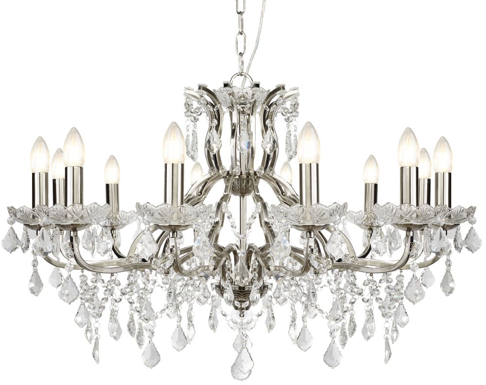 Paris Large 12 Light Clear Crystal Glass Chandelier Satin Silver Traditional