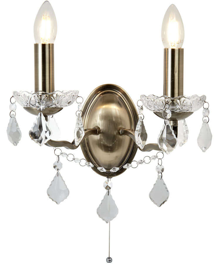 Paris Antique Brass Switched Twin Wall Light Crystal Beads & Drops