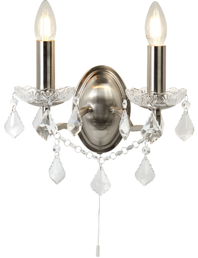 Paris Satin Silver Switched Twin Wall Light Crystal Beads & Drops