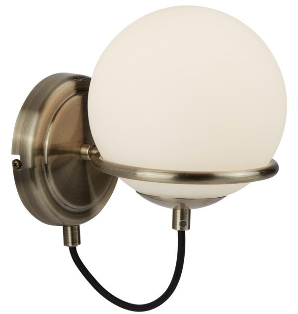 Sphere Single Wall Light Opal White Glass Globe Antique Brass